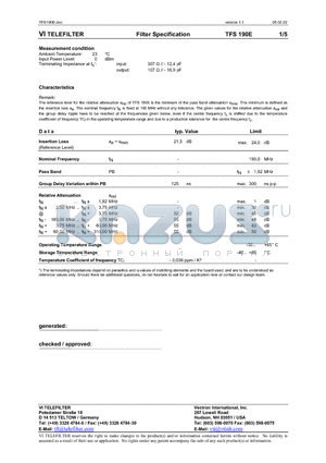 TFS190E datasheet - Filter Specification