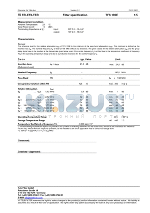 TFS190E datasheet - Filter specification