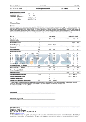 TFS190R datasheet - Filter specification