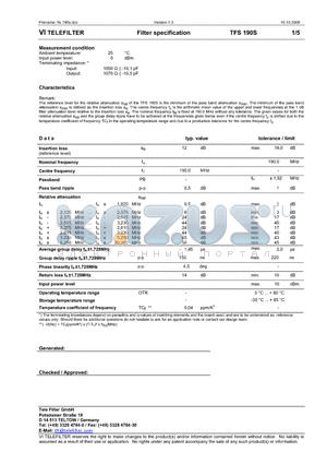 TFS190S datasheet - Filter specification