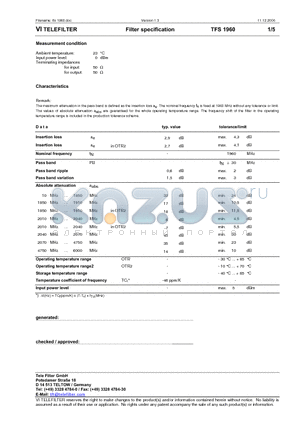 TFS1960 datasheet - Filter specification