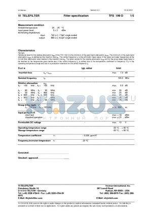 TFS199D datasheet - Filter specification