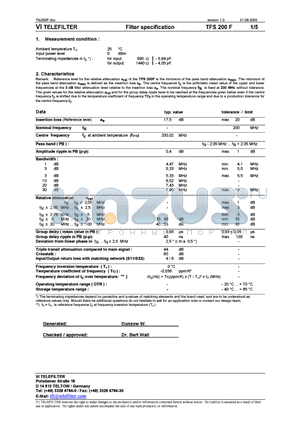 TFS200F datasheet - Filter specification