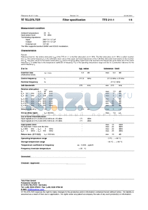 TFS211-1 datasheet - Filter specification