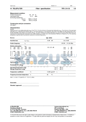 TFS211B datasheet - Filter specification