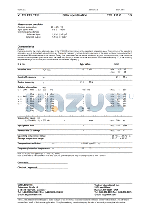 TFS211C datasheet - Filter specification