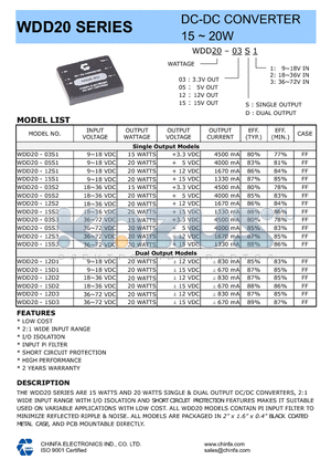 WDD20-05S2 datasheet - DC-DC CONVERTER 15 ~ 20W