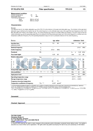 TFS213 datasheet - Filter specification