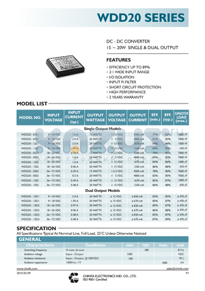 WDD20-05S3 datasheet - DC - DC CONVERTER 15 ~ 20W SINGLE & DUAL OUTPUT