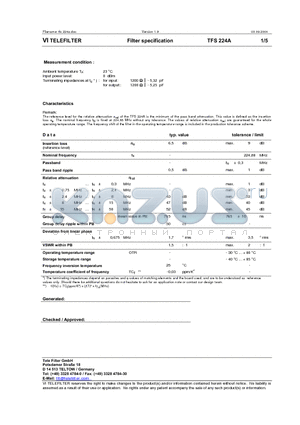 TFS224A datasheet - Filter specification