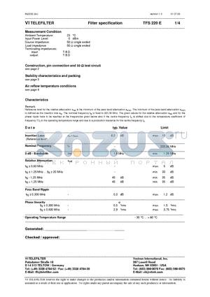 TFS220E datasheet - Filter specification