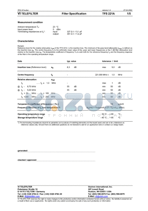 TFS221A datasheet - Filter Specification