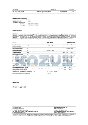 TFS235A datasheet - Filter Specification