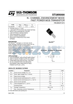 STU6NA90 datasheet - N - CHANNEL ENHANCEMENT MODE FAST POWER MOS TRANSISTOR