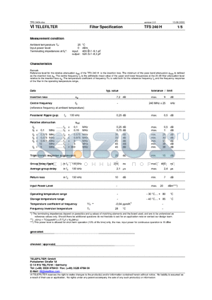 TFS240H datasheet - Filter Specification