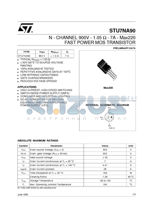 STU7NA90 datasheet - N - CHANNEL 900V - 1.05 ohm - 7A - Max220 FAST POWER MOS TRANSISTOR