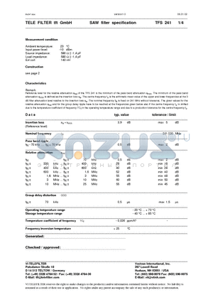 TFS241 datasheet - SAW filter specification