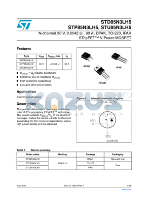 STU85N3LH5 datasheet - N-channel 30 V, 0.0042 Y , 80 A, DPAK, TO-220, IPAK STripFET V Power MOSFET