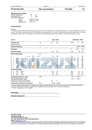 TFS245C datasheet - Filter specification