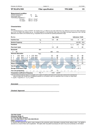 TFS245B datasheet - Filter specification