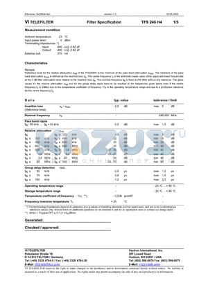 TFS246H4 datasheet - Filter Specification