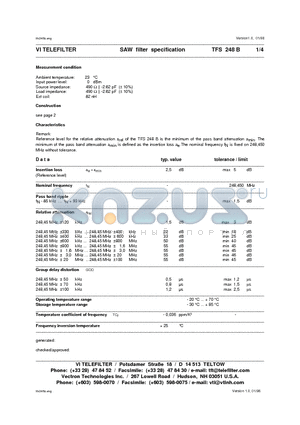 TFS248B datasheet - SAW filter specification