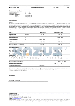 TFS248C datasheet - Filter specification