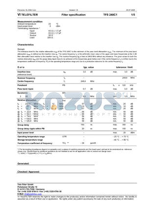 TFS248C1 datasheet - Filter specification