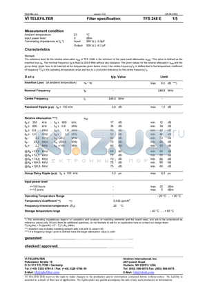 TFS248E datasheet - Filter specification