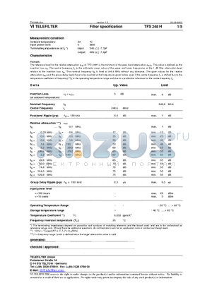 TFS248H datasheet - Filter specification