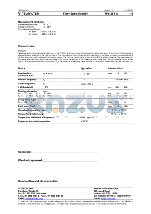 TFS254A datasheet - Filter Specification