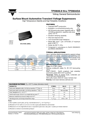 TPSMA6.8AHE3/5AT datasheet - Surface Mount Automotive Transient Voltage Suppressors High Temperature Stability and High Reliability Conditions