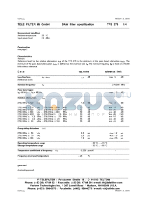 TFS276 datasheet - SAW filter specification