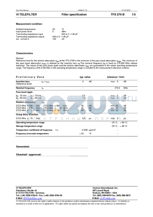 TFS270B datasheet - Filter specification