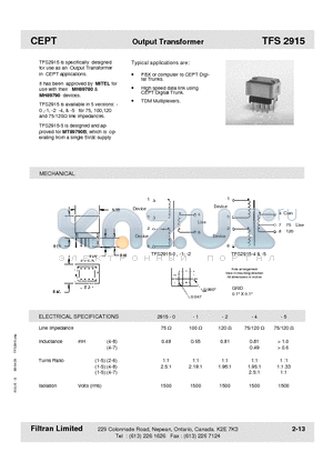 TFS2915-0 datasheet - CEPT Output Transformer