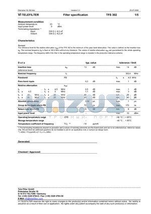 TFS302 datasheet - Filter specification