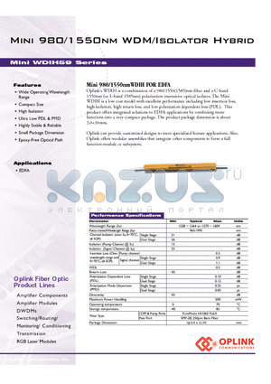 WDIH15980SB3 datasheet - Mini 980/1550nm WDM/Isolator Hybrid