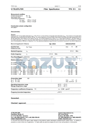 TFS311 datasheet - Filter Spezification