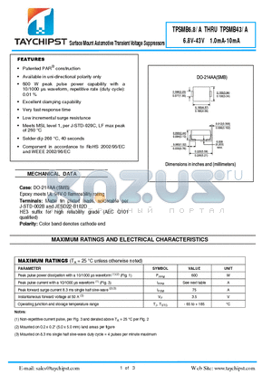 TPSMB10 datasheet - Surface Mount Automotive Transient Voltage Suppressors