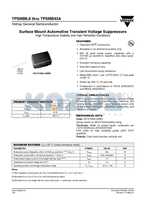 TPSMB10A datasheet - Surface Mount Automotive Transient Voltage Suppressors