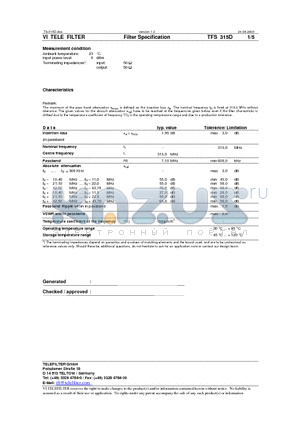 TFS315D datasheet - Filter Specification