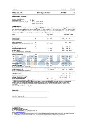 TFS323 datasheet - Filter Specification