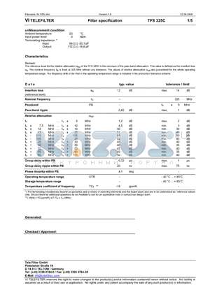 TFS325C datasheet - Filter specification