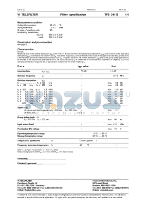 TFS341B datasheet - Filiter specification