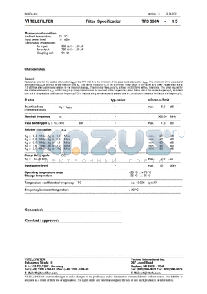 TFS360A datasheet - Filter Specification