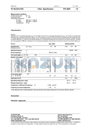 TFS360F datasheet - Filter Specification