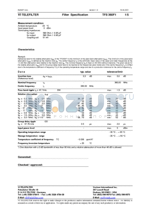 TFS360F1 datasheet - Filter Specification