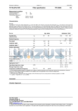 TFS360K datasheet - Filter specification