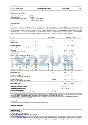 TFS365B datasheet - Filter specification