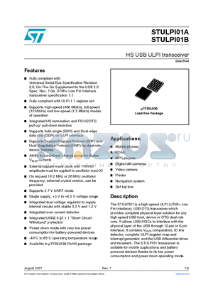 STULPI01ATBR datasheet - HS USB ULPI transceiver